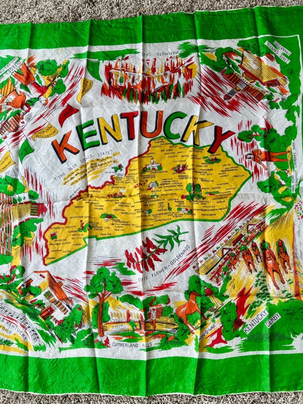 Vintage Scarf Green &Yellow Silk Blend 50’s Horse Racing Kentucky Derby